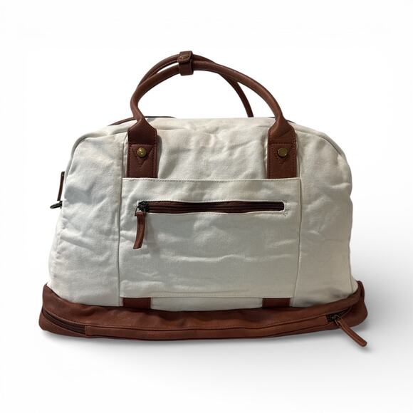 Canvas Weekender Duffle Bag Cream Brown Shoe Compartment Travel - Picture 13 of 13